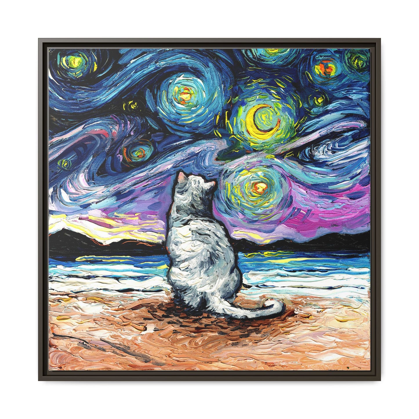 "White Cat Night 2" Framed Canvas Wall Art