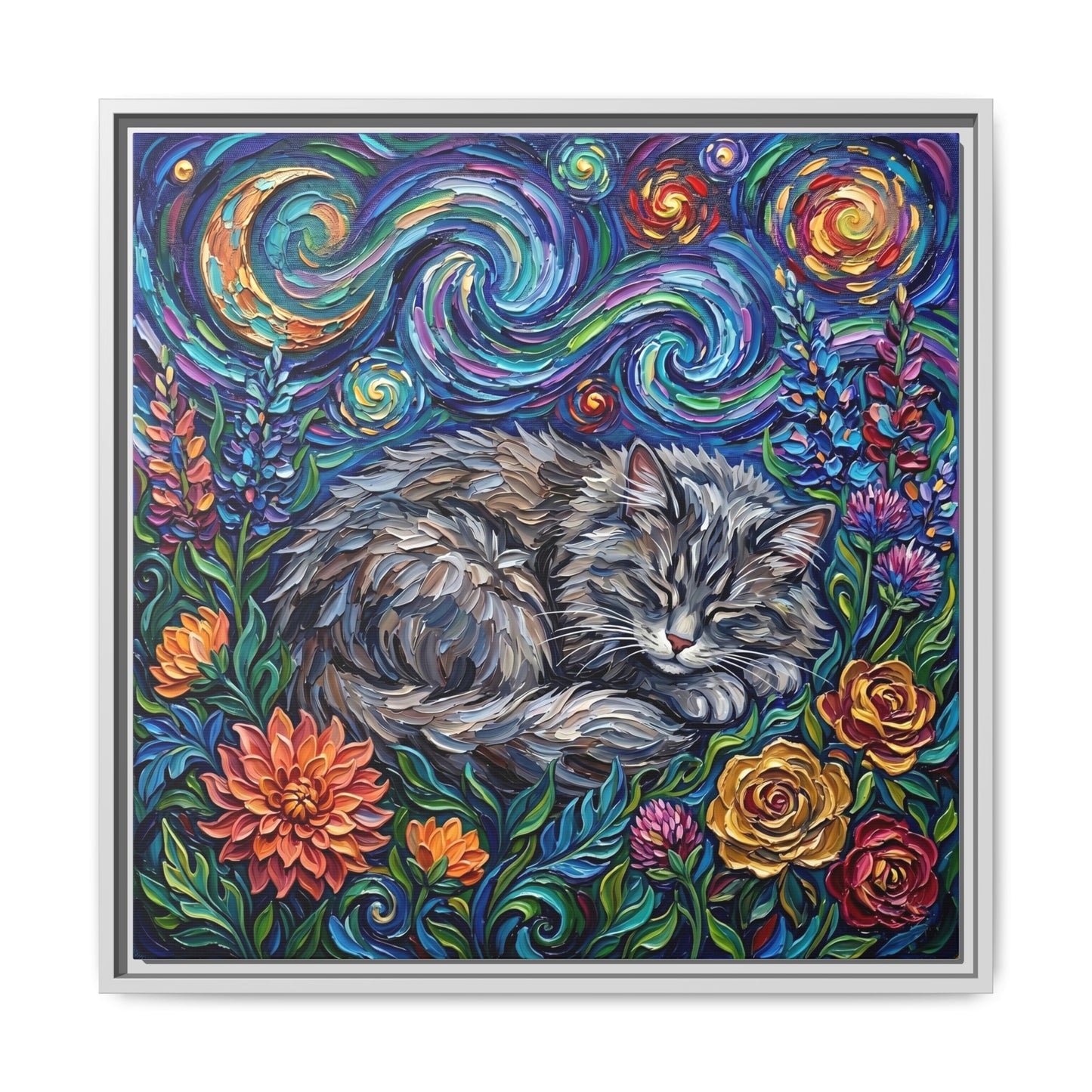 "Amongst The Flowers - Gray Domestic Long Haired Cat" Framed Canvas Wall Art