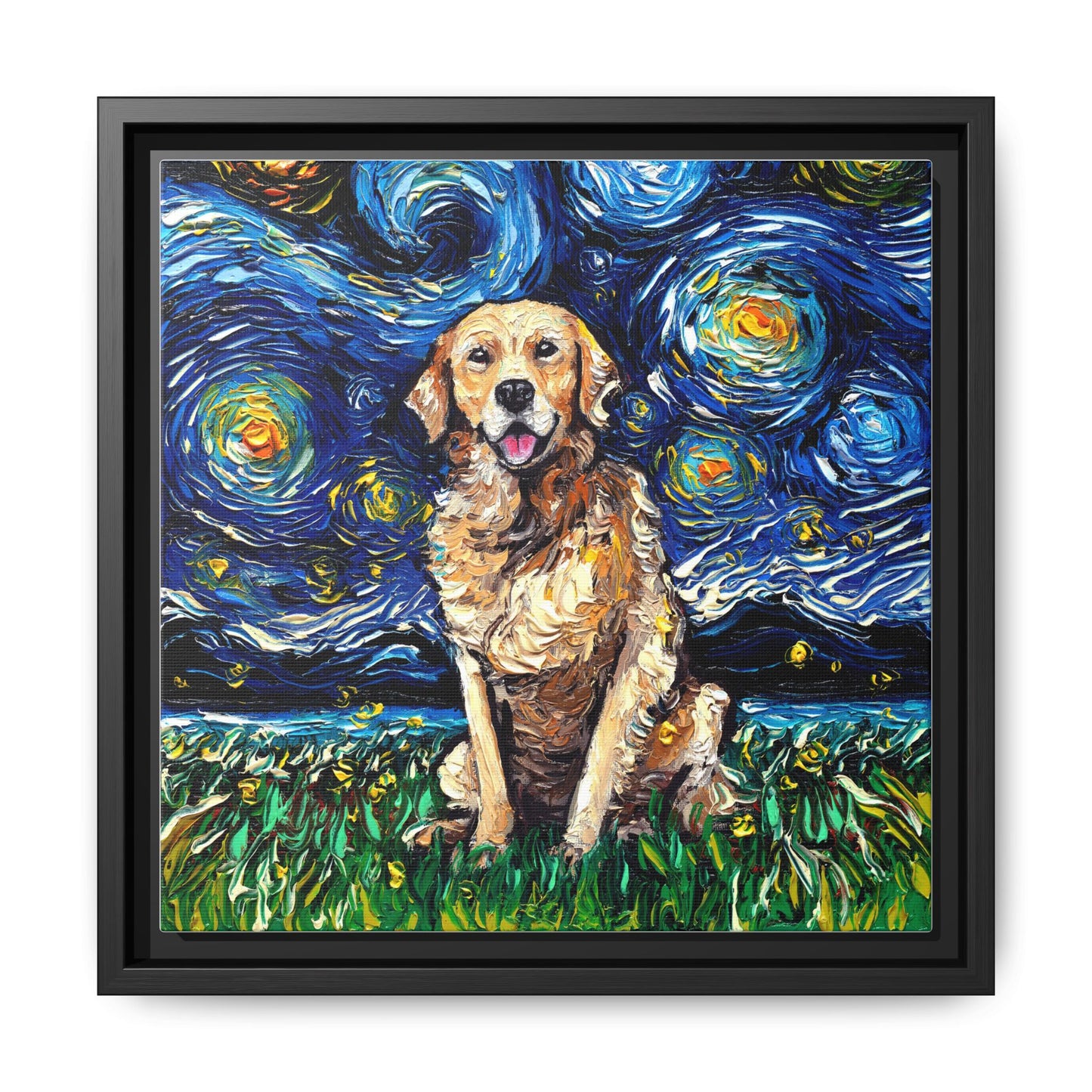 "Golden Retriever Night" Framed Canvas Wall Art