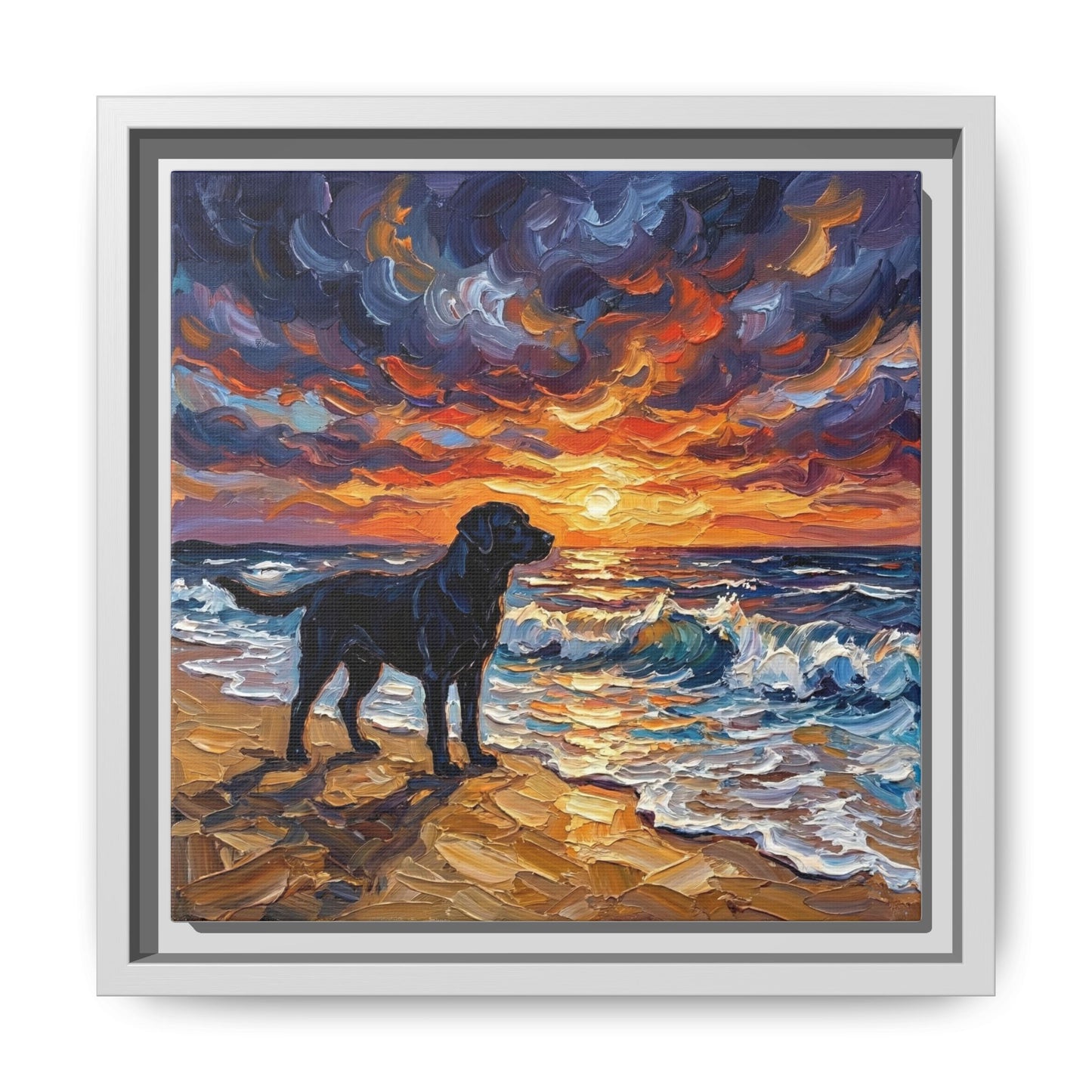 "Beach Sunset - Black Labrador" Framed Canvas Wall Art