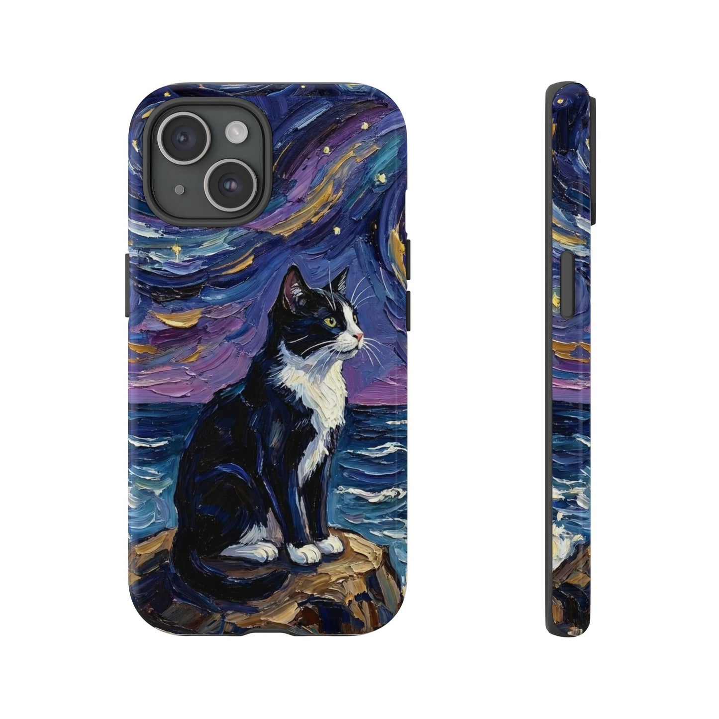 Tuxedo Cat Coastal Starry Night Art Phone Case