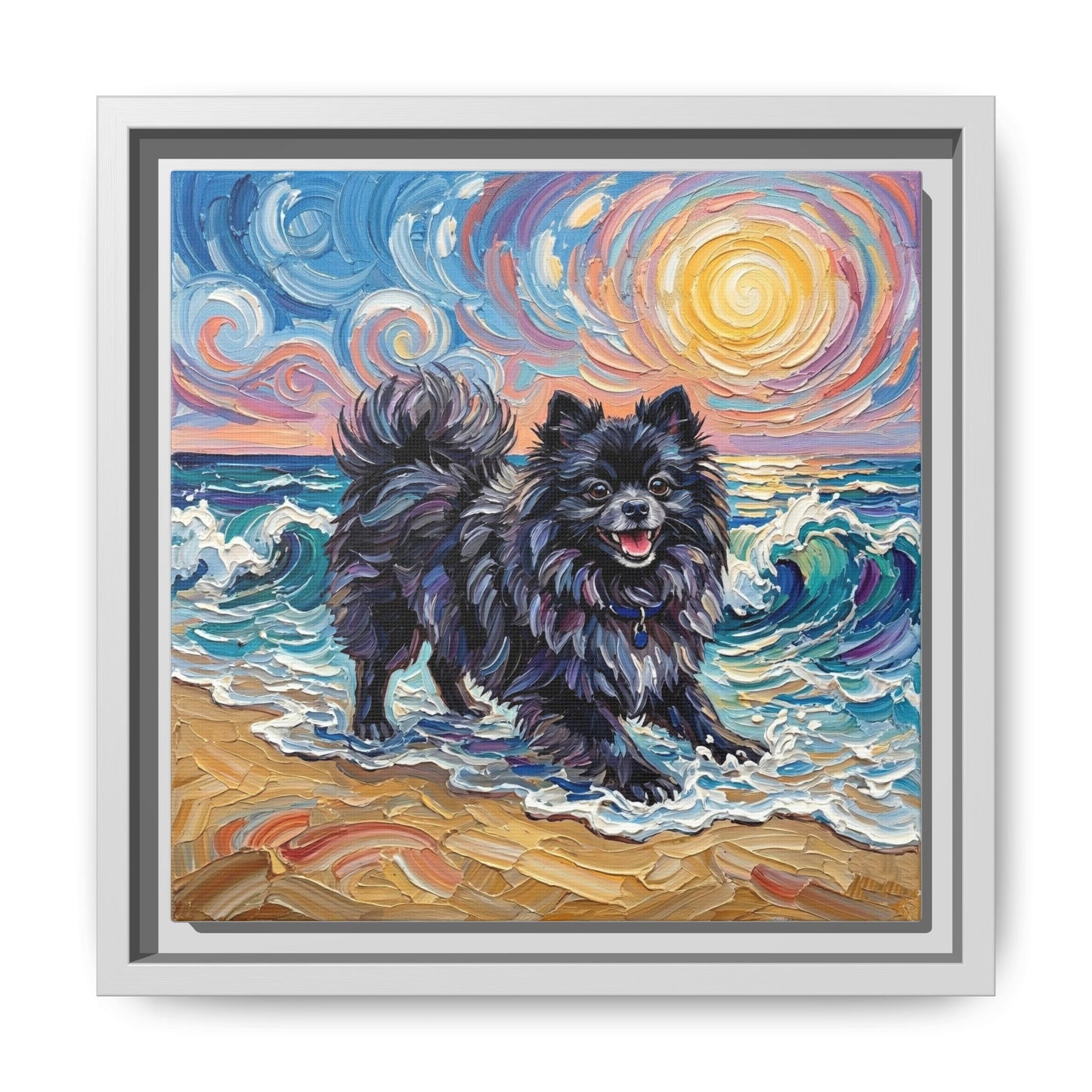 "Beach Day - Black Pomeranian" Framed Canvas Wall Art