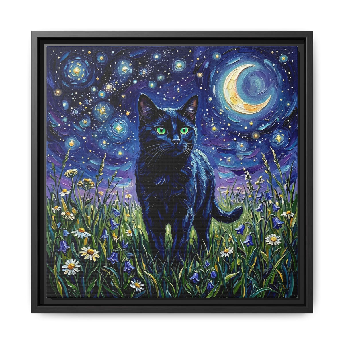 "Amongst The Flowers - Black Cat" Framed Canvas Wall Art