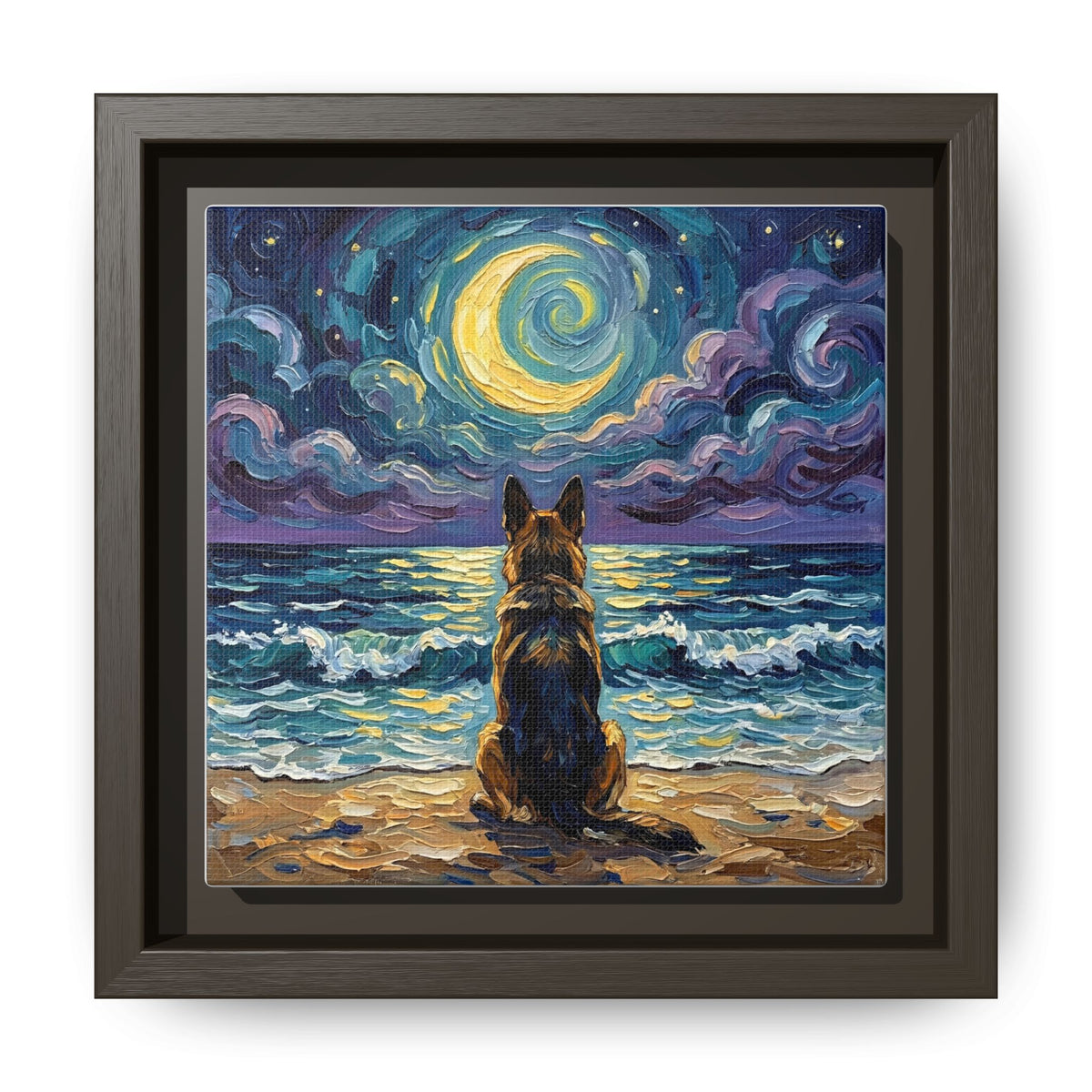 "Beach Night - German Shepherd" Framed Canvas Wall Art