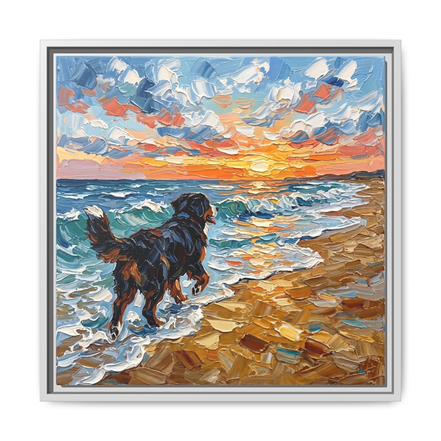 "Beach Day - Frolicking Bernese Mountain Dog" Framed Canvas Wall Art