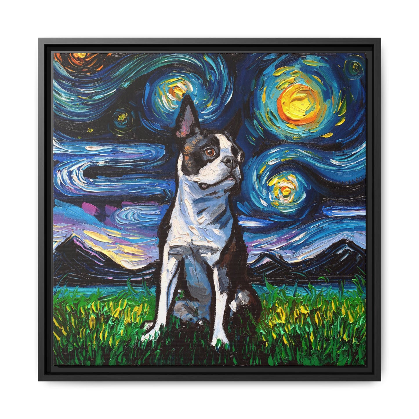 "Boston Terrier Night" Framed Canvas Wall Art