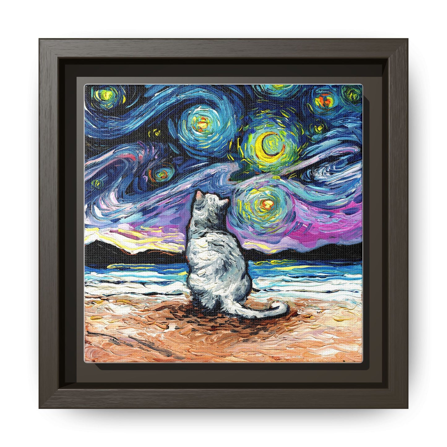"White Cat Night 2" Framed Canvas Wall Art