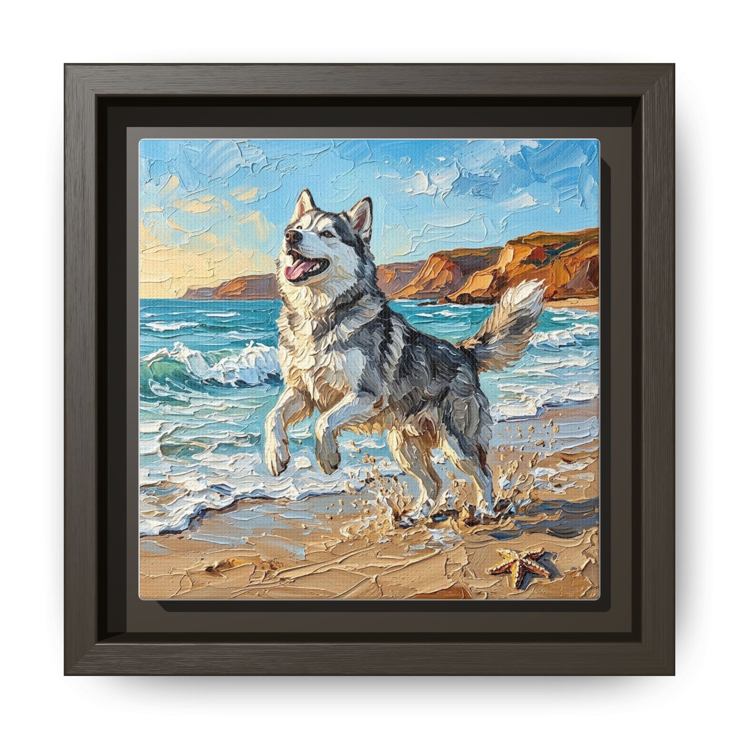 "Beach Day - Husky" Framed Canvas Wall Art
