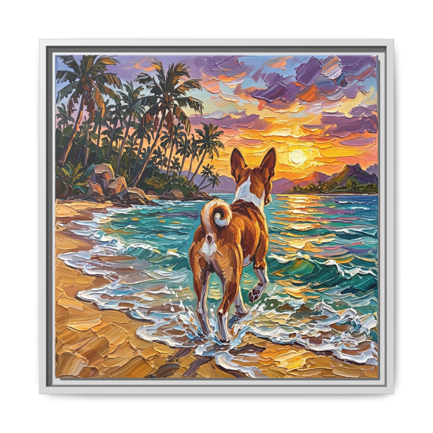 "Beach Day - Basenji" Framed Canvas Wall Art