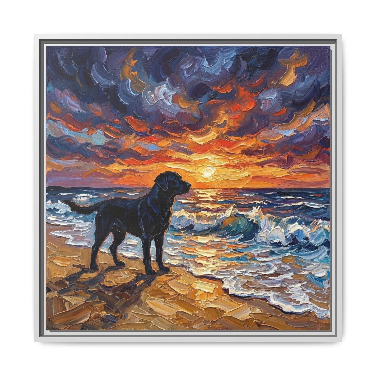 "Beach Sunset - Black Labrador" Framed Canvas Wall Art