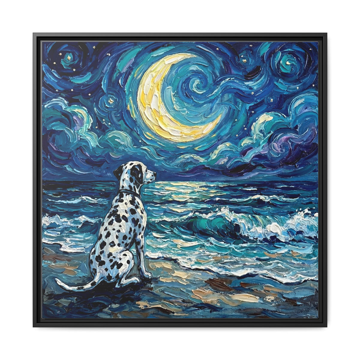 "Beach Night - Dalmatian" Framed Canvas Wall Art