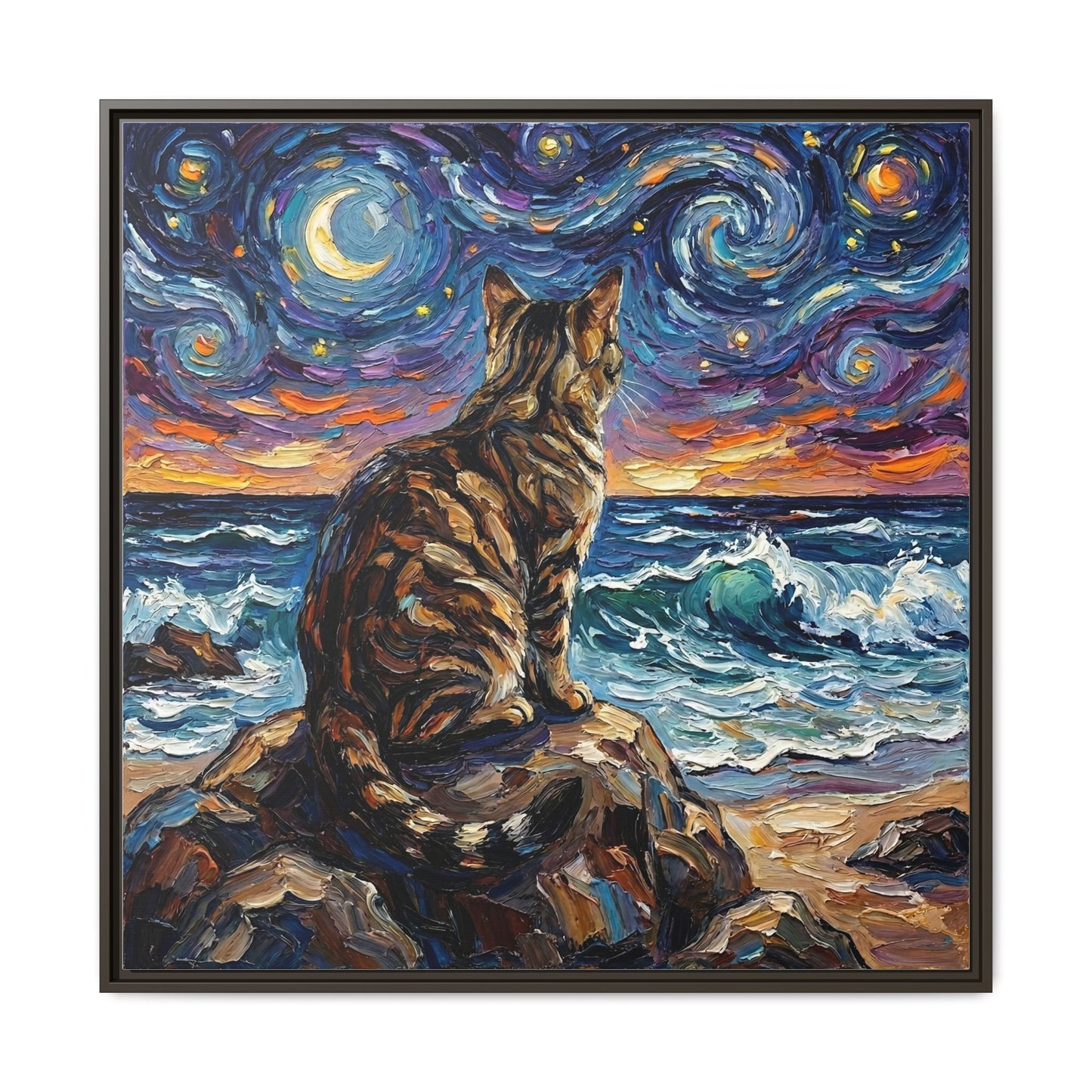 "Beach Night - Brown Tabby" Framed Canvas Wall Art