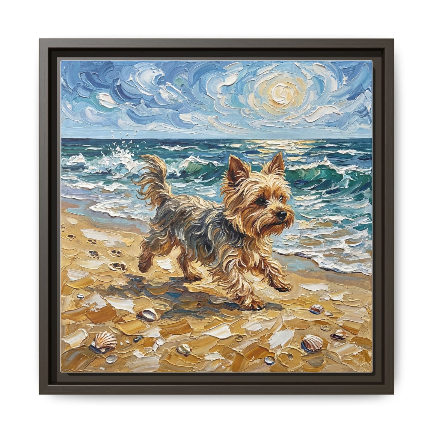 "Beach Day - Yorkie" Framed Canvas Wall Art