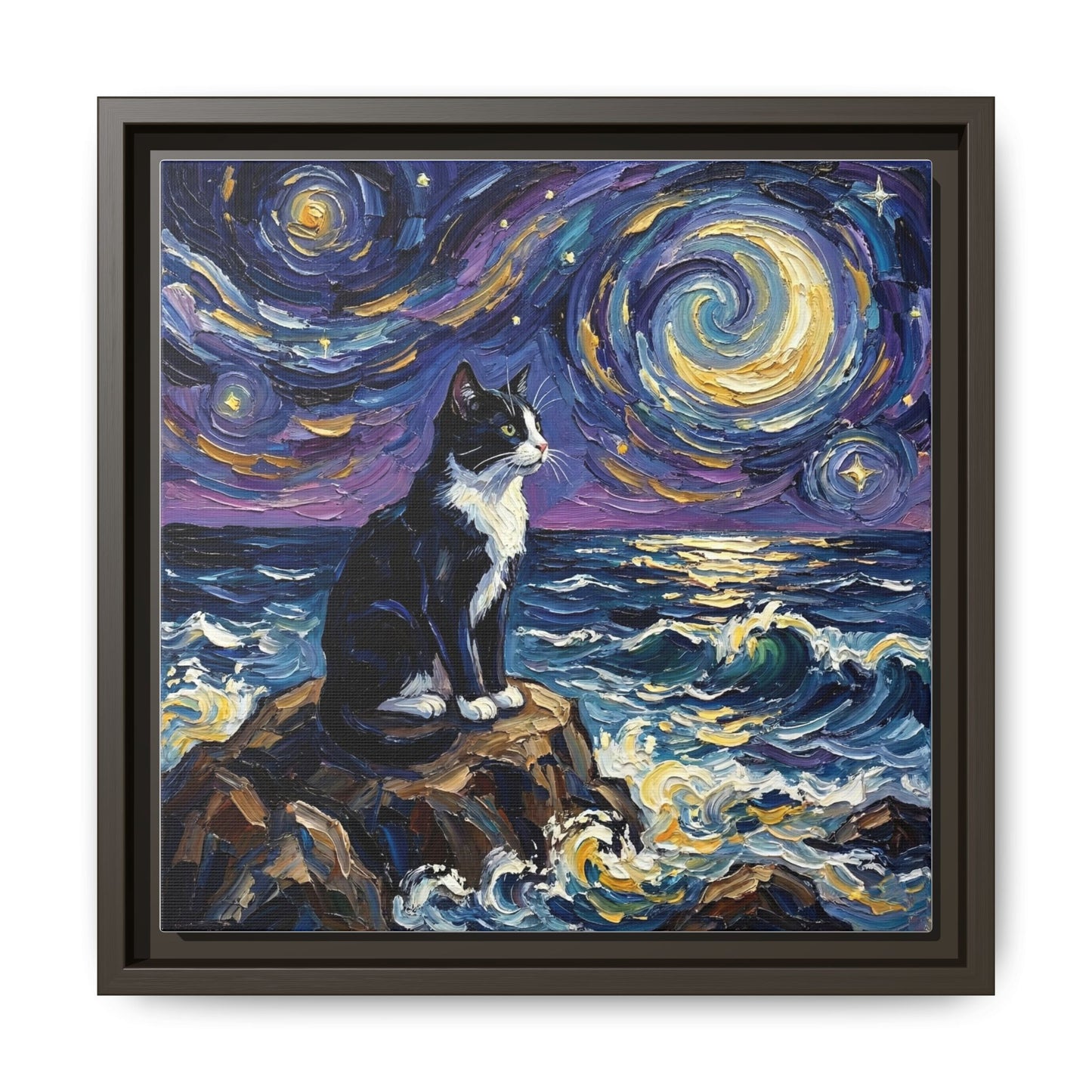 "Beach Night - Tuxedo Cat" Framed Canvas Wall Art