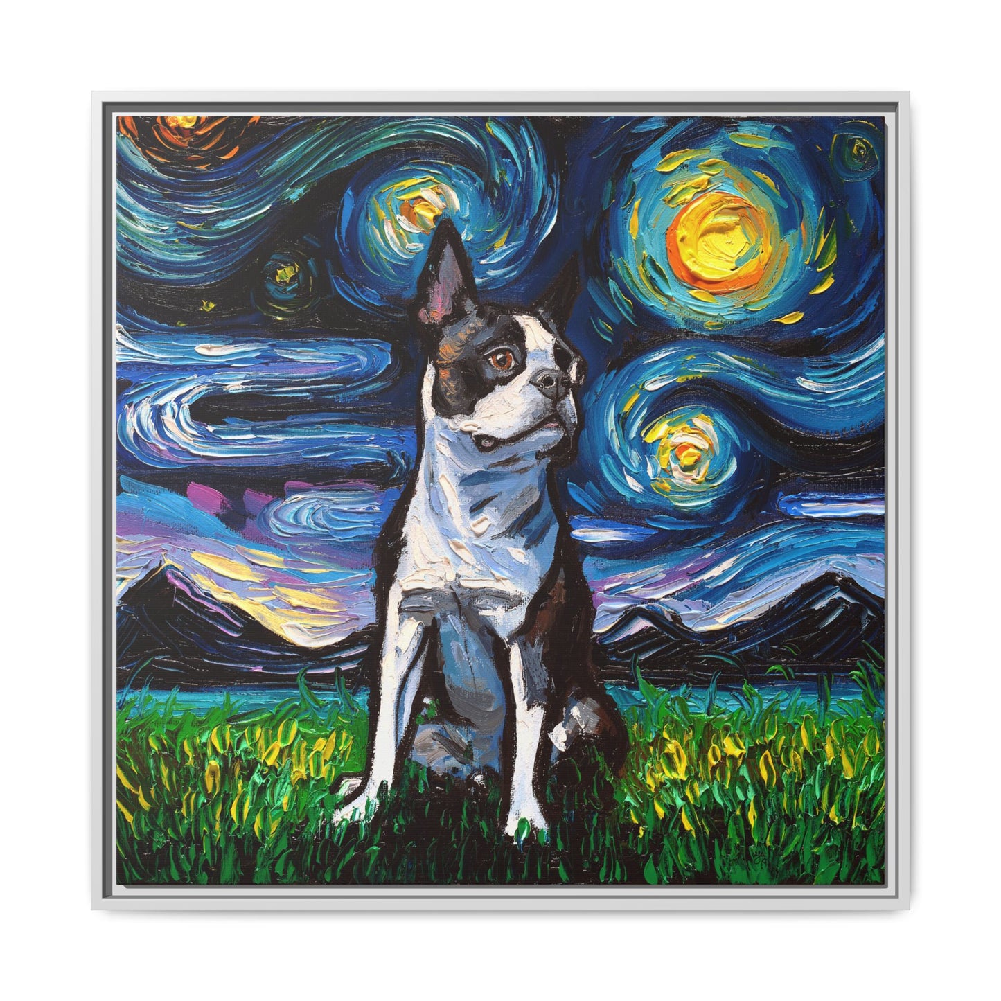 "Boston Terrier Night" Framed Canvas Wall Art