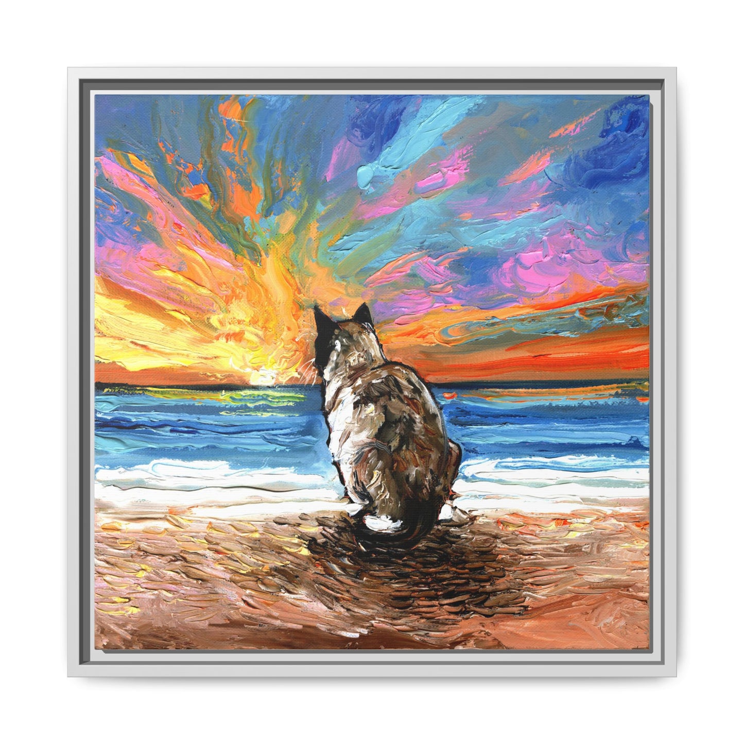 "Beach Day - Snowshoe Cat" Framed Canvas Wall Art