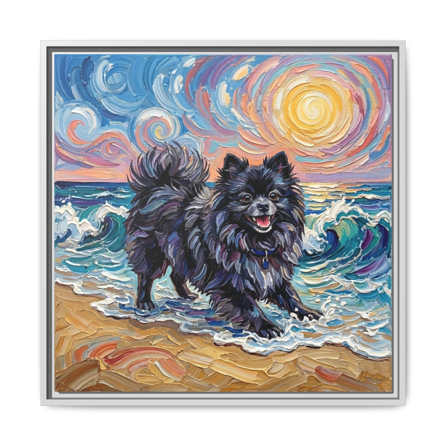 "Beach Day - Black Pomeranian" Framed Canvas Wall Art