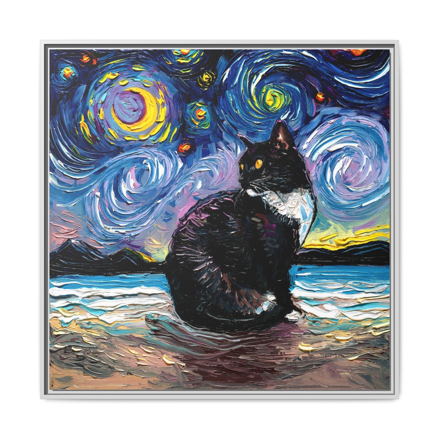 "Tuxedo Cat Night 2" Framed Canvas Wall Art