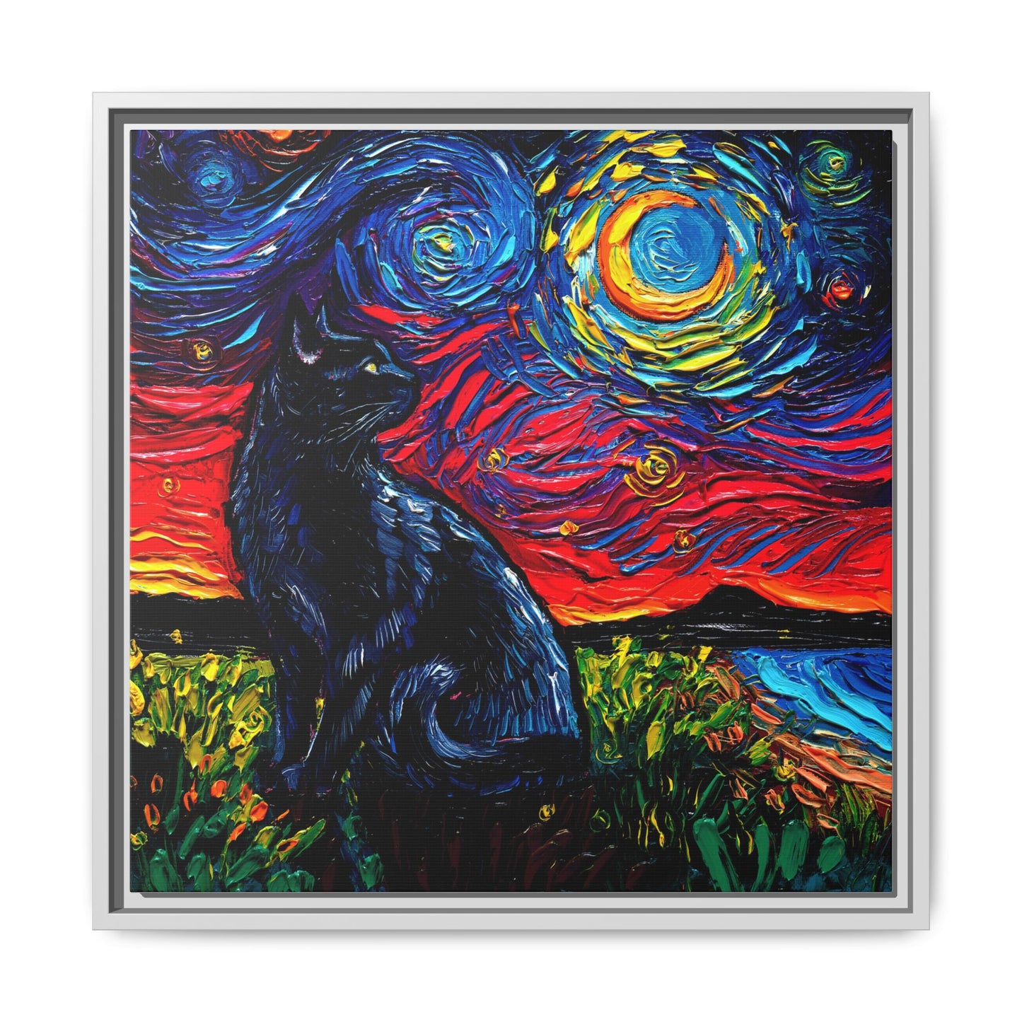 "Black Cat Night" Framed Canvas Wall Art
