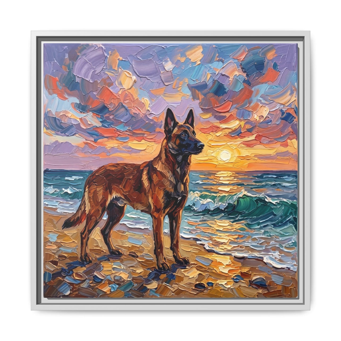 "Beach Sunset - Belgian Malinois" Framed Canvas Wall Art
