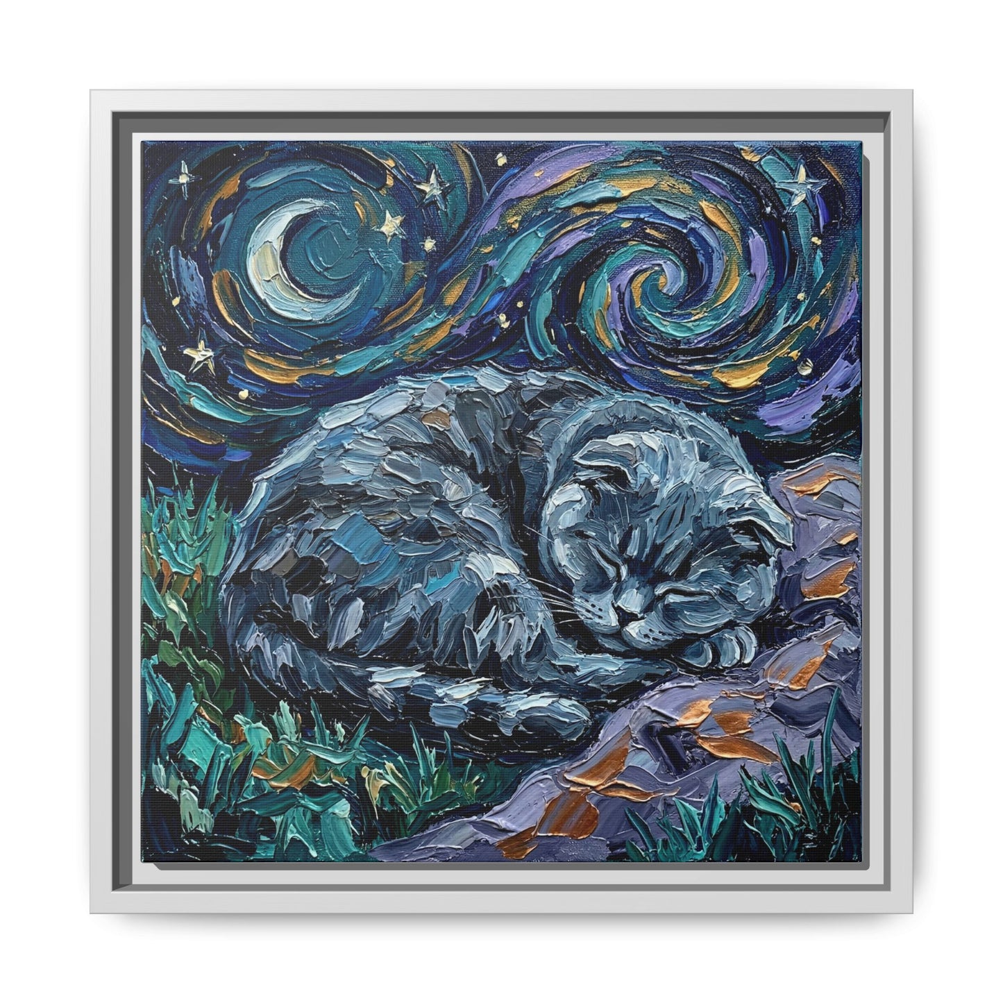 "Sleepy Scottish Fold Night" Framed Canvas Wall Art