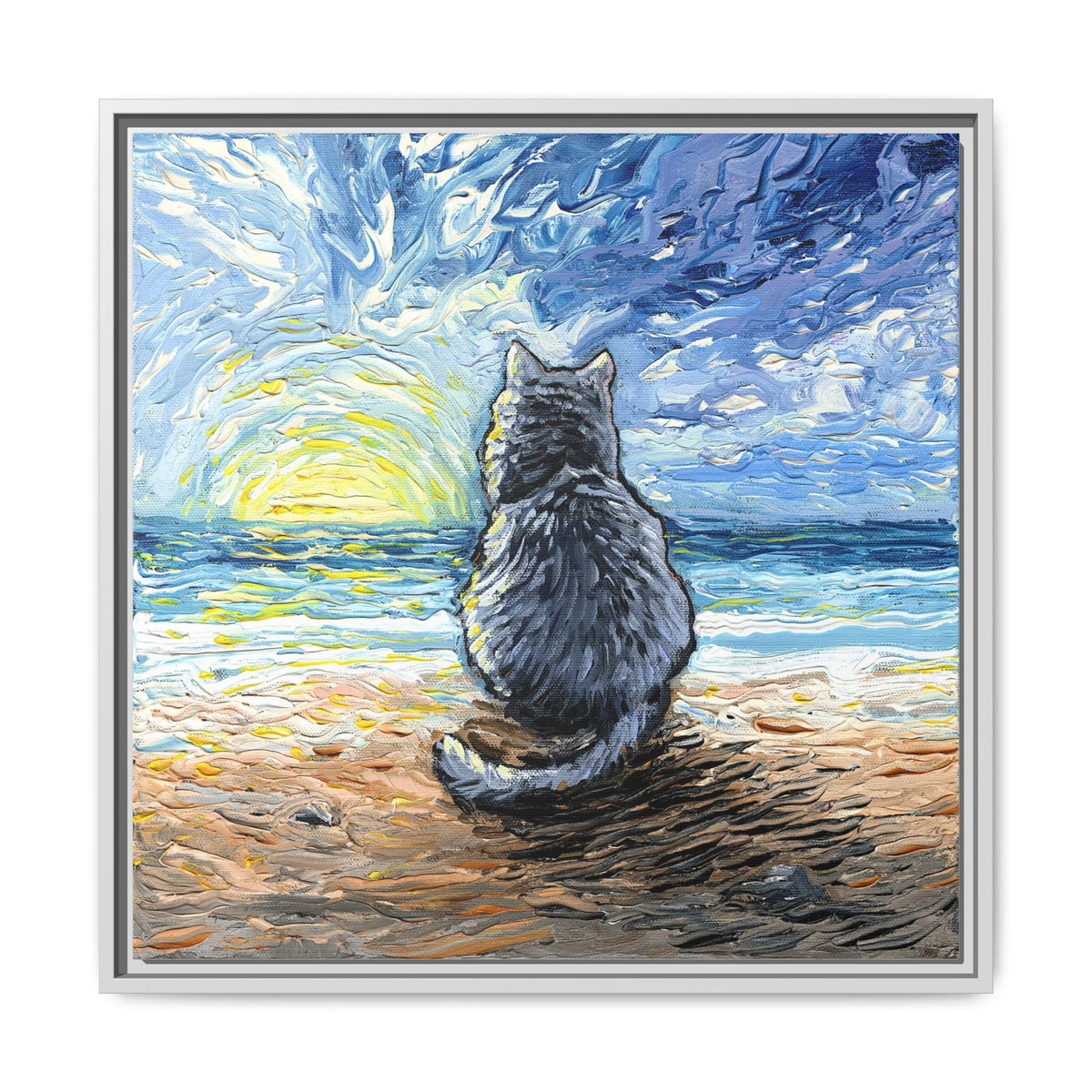 "Beach Day - Nebelung Cat" Framed Canvas Wall Art