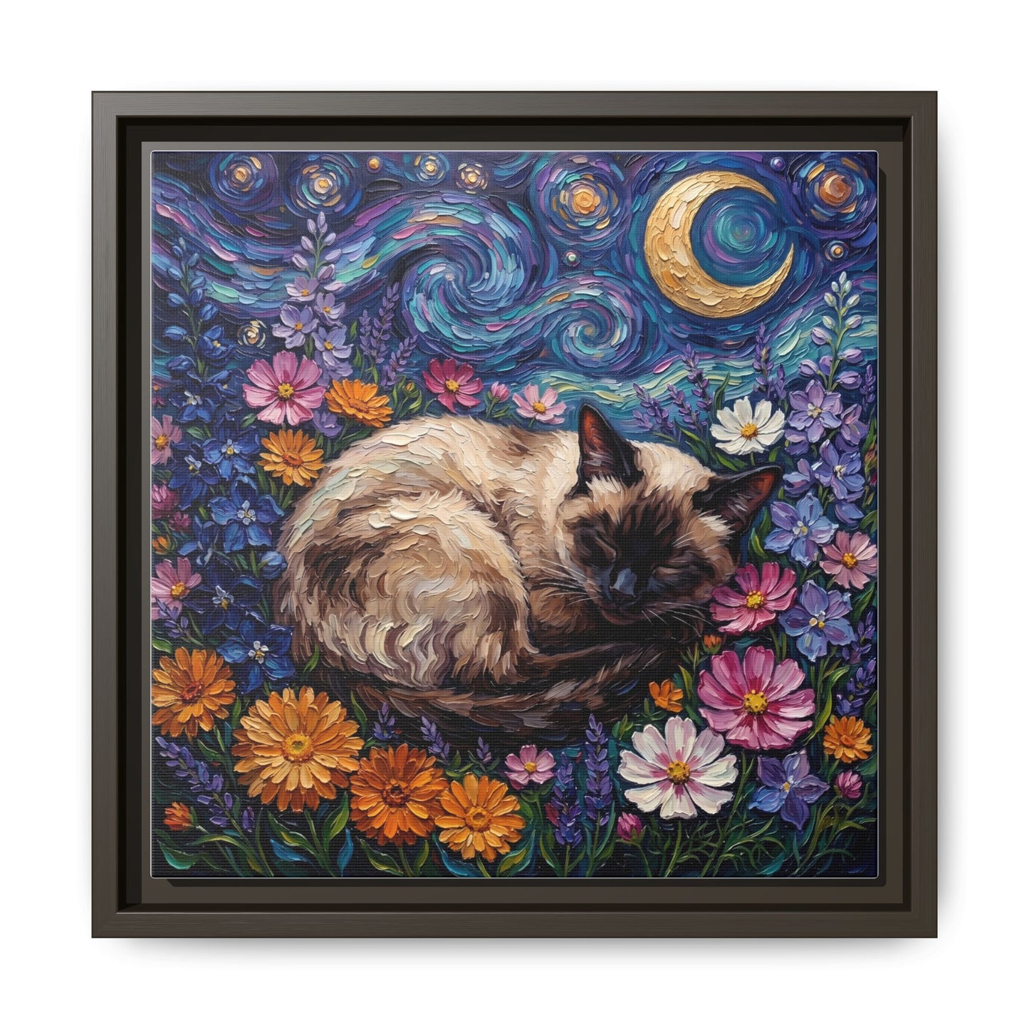 "Amongst The Flowers - Siamese Cat" Framed Canvas Wall Art
