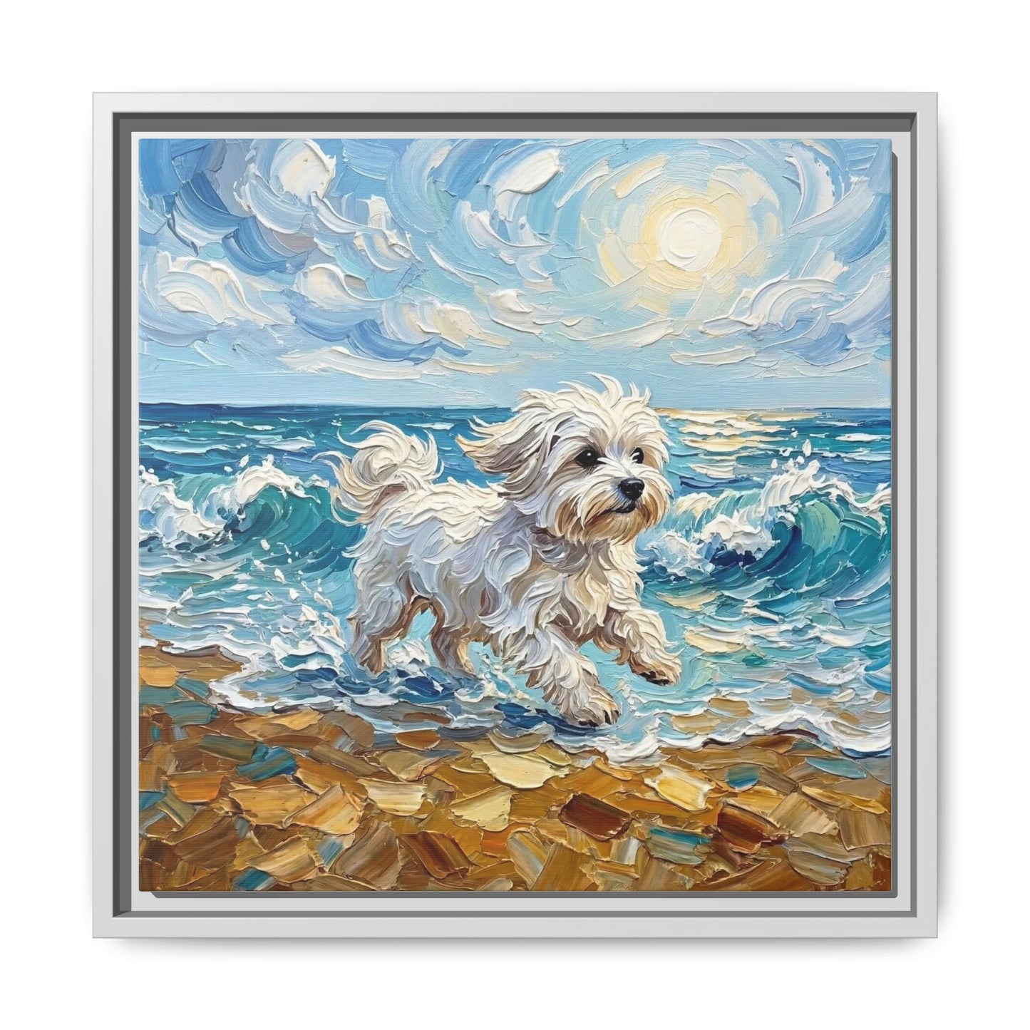 "Beach Day - Maltese" Framed Canvas Wall Art