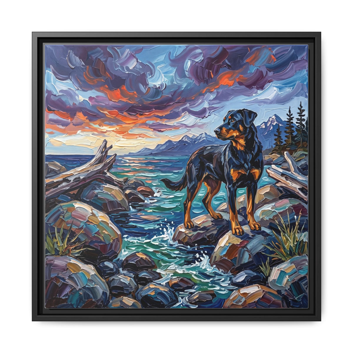 "Beach Day - Beauceron" Framed Canvas Wall Art