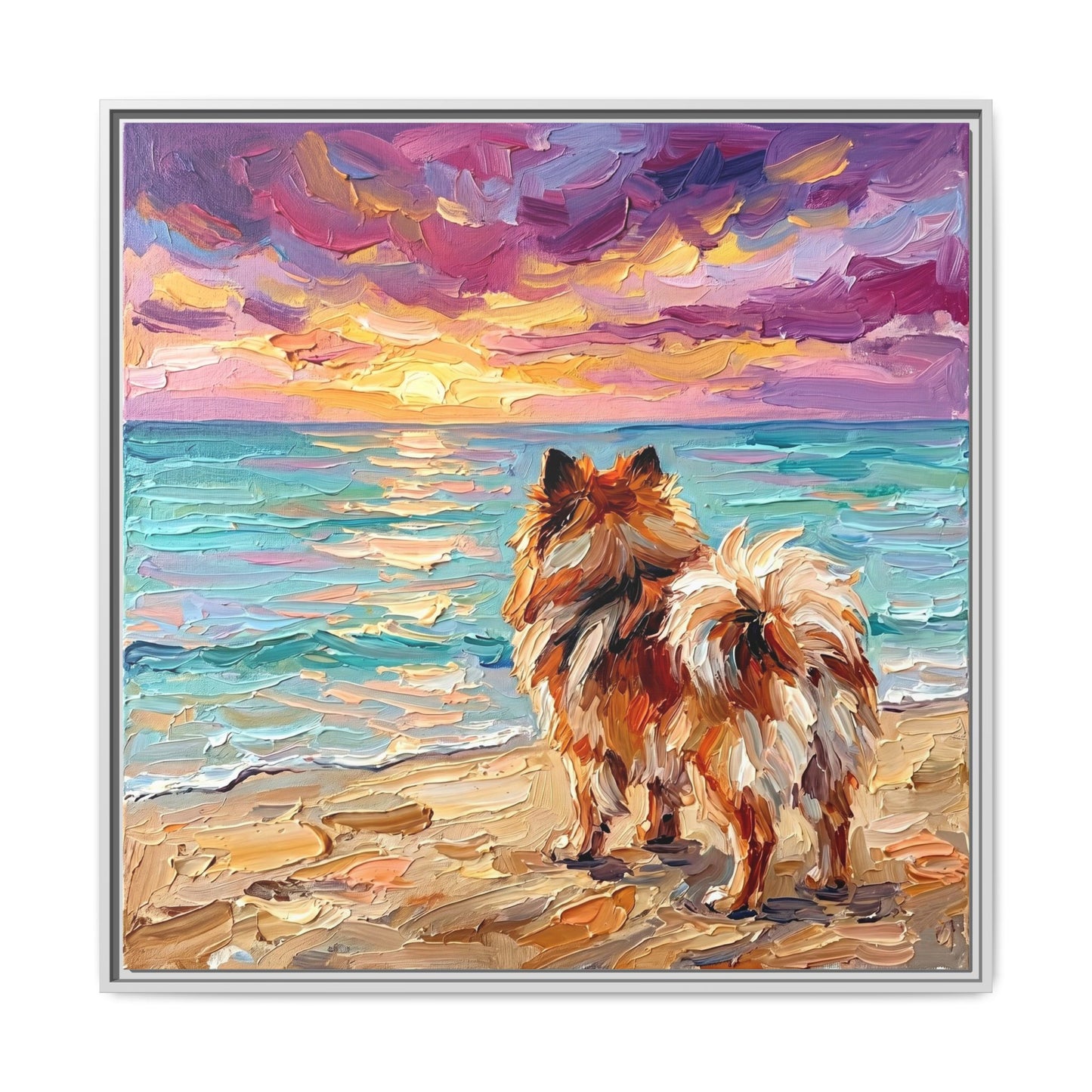 "Beach Sunset - Pomeranian" Framed Canvas Wall Art