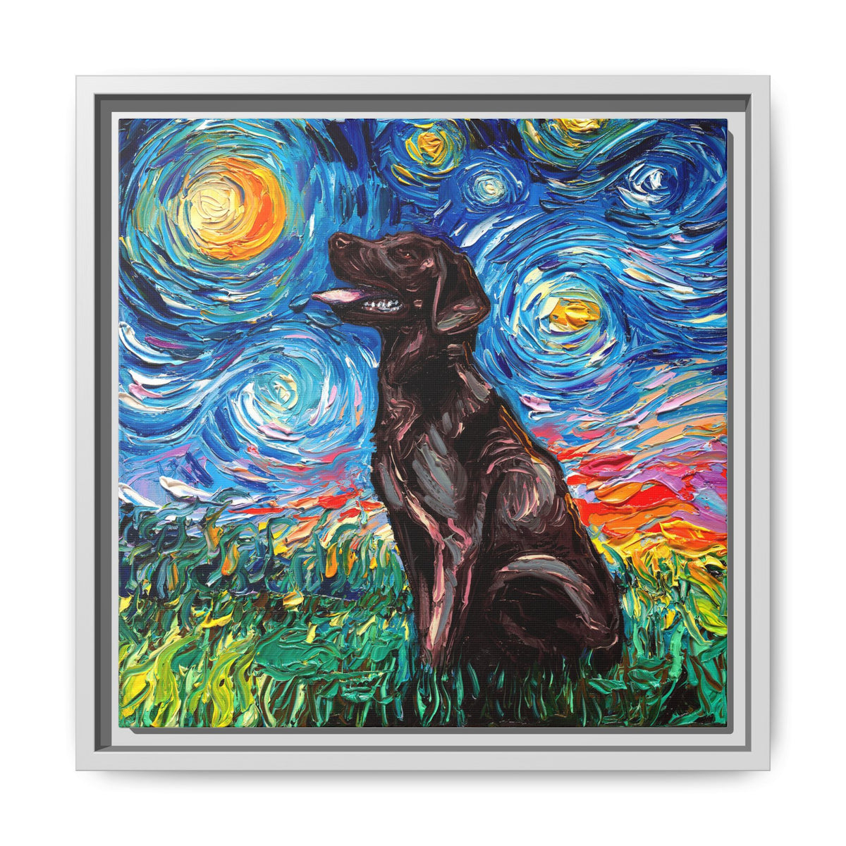 "Chocolate Labrador Night" Framed Canvas Wall Art