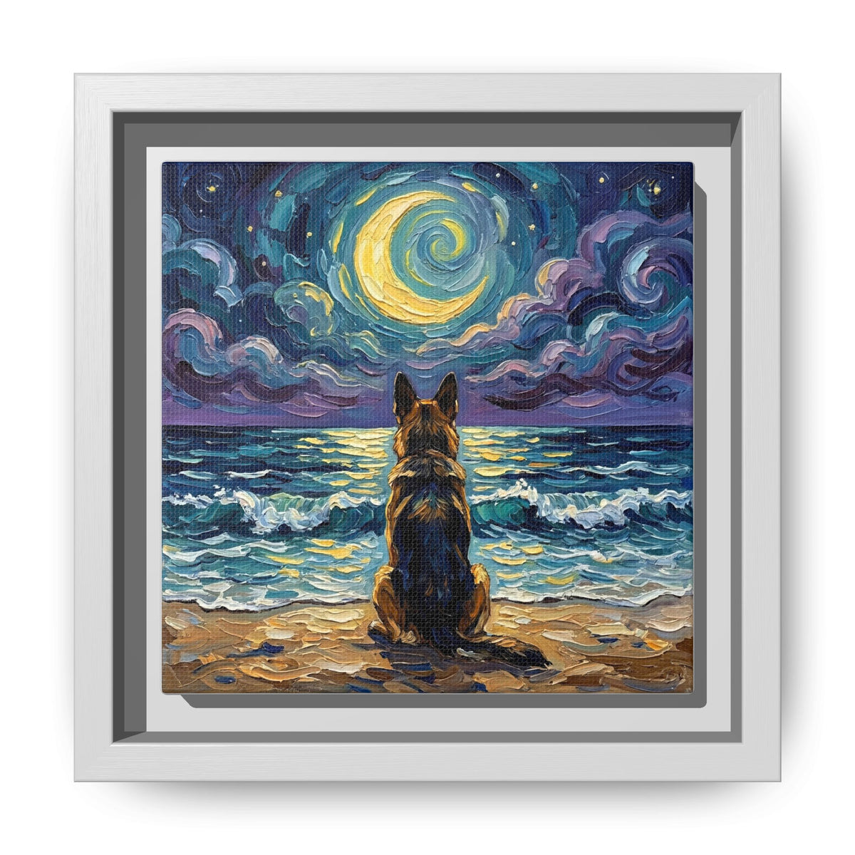 "Beach Night - German Shepherd" Framed Canvas Wall Art