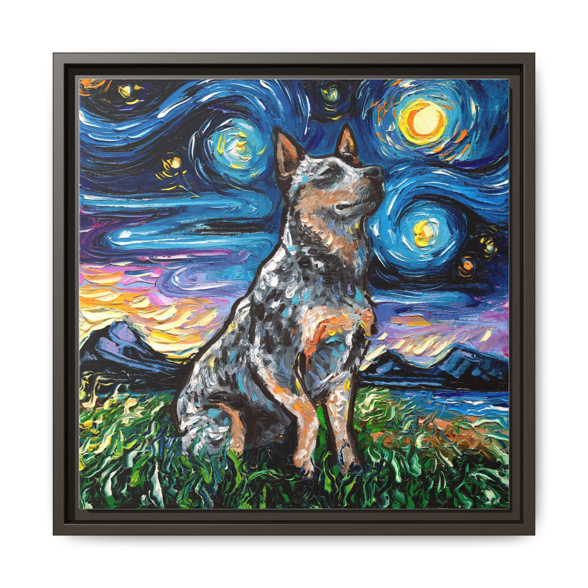 "Blue Heeler Night" Framed Canvas Wall Art
