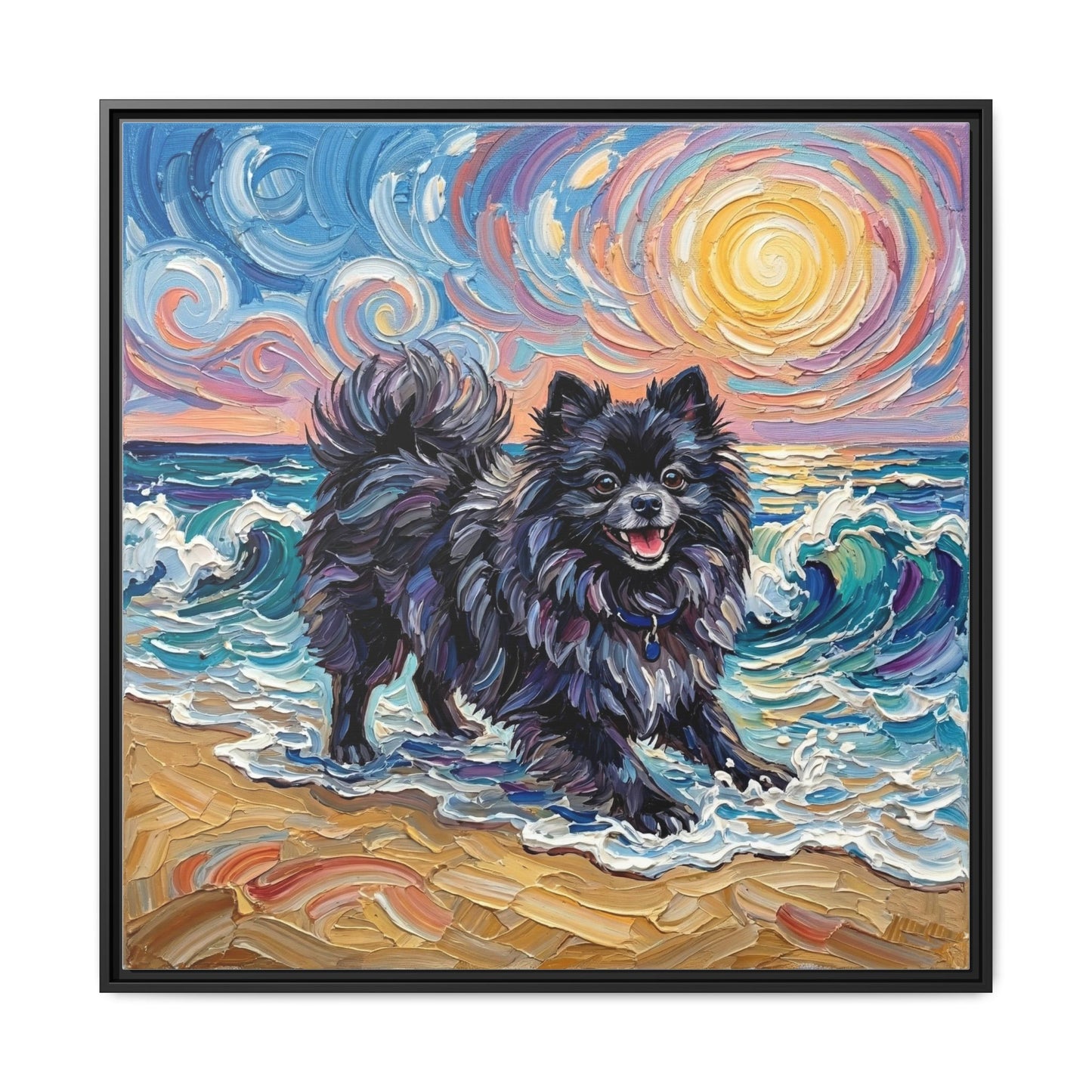 "Beach Day - Black Pomeranian" Framed Canvas Wall Art
