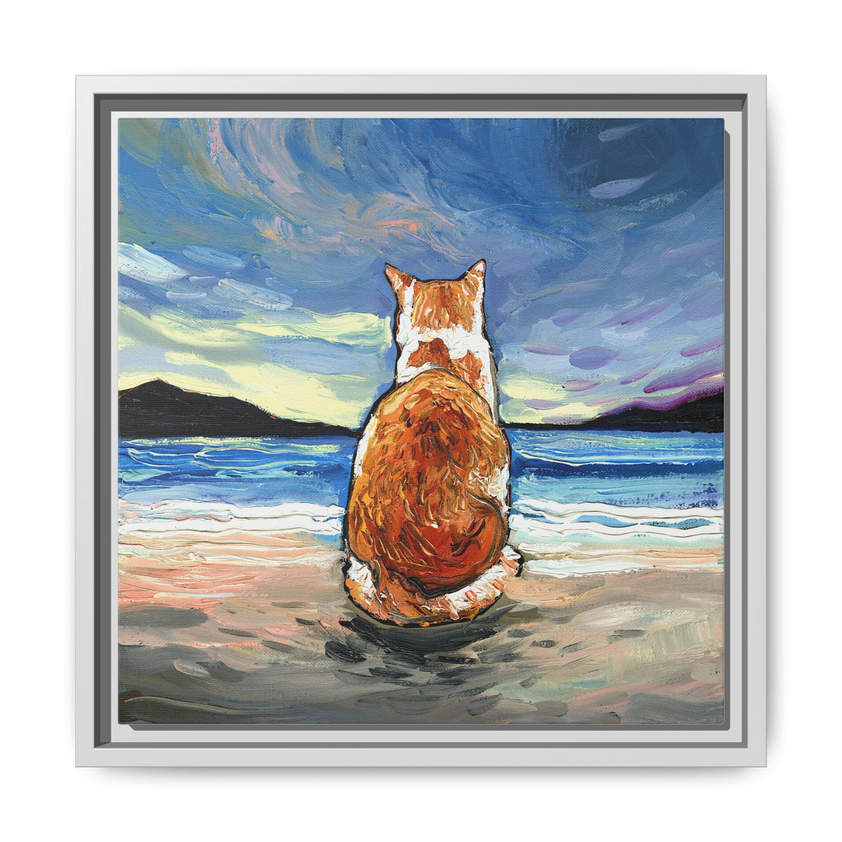 "Beach Day - Orange and White Tabby Cat" Framed Canvas Wall Art