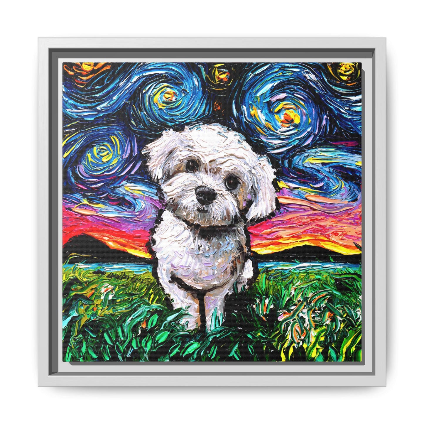 "Maltipoo Night" Framed Canvas Wall Art