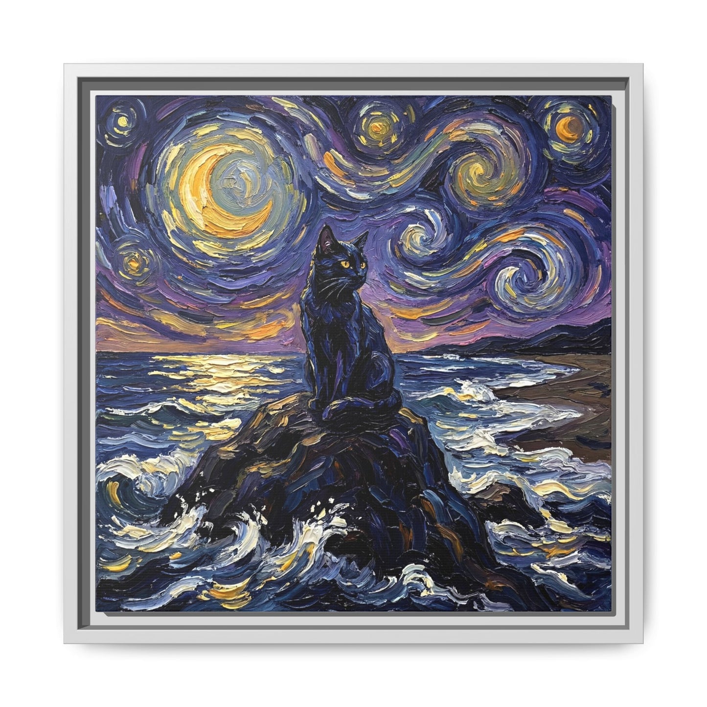 "Beach Night - Black Cat" Framed Canvas Wall Art