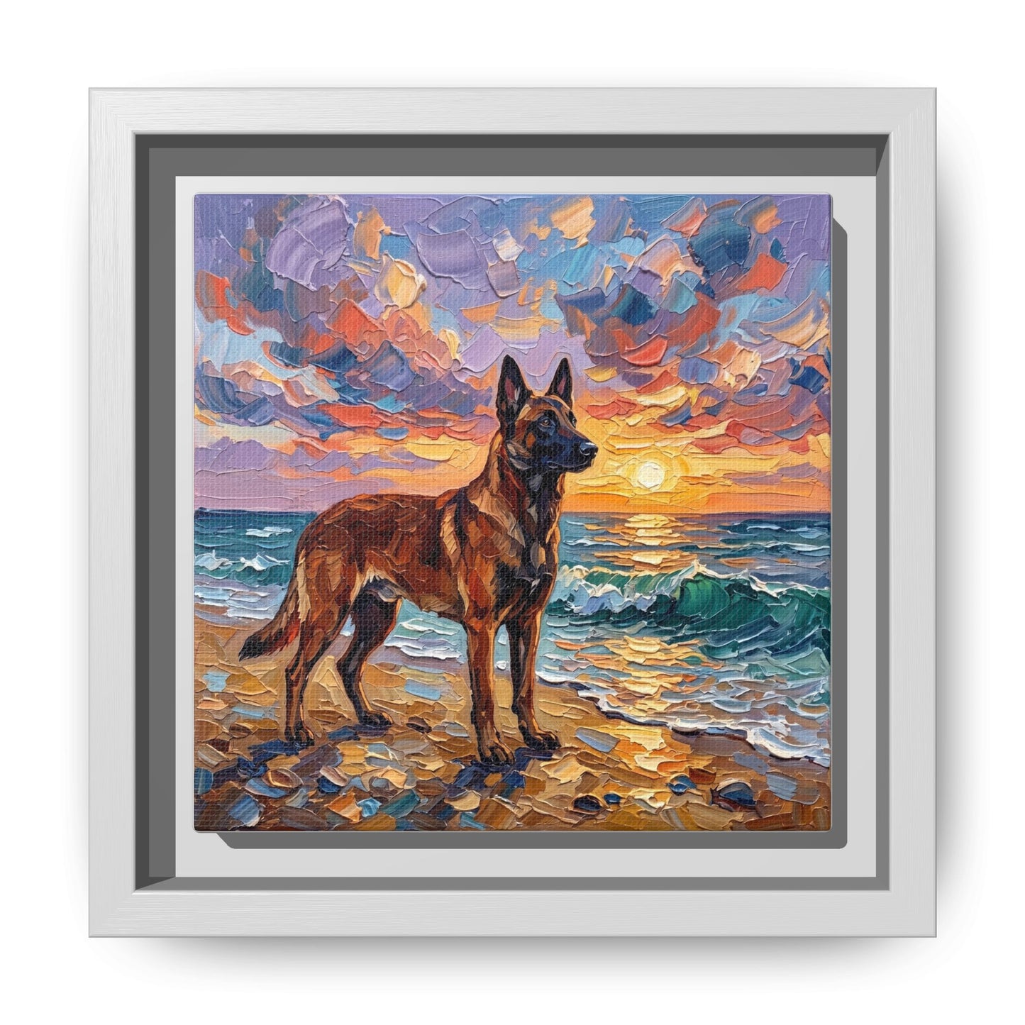 "Beach Sunset - Belgian Malinois" Framed Canvas Wall Art