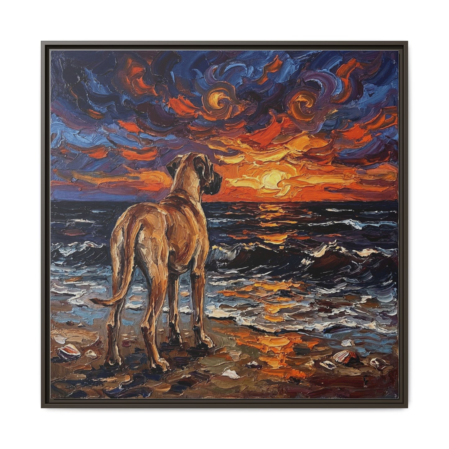 "Beach Sunset - Fawn Great Dane" Framed Canvas Wall Art