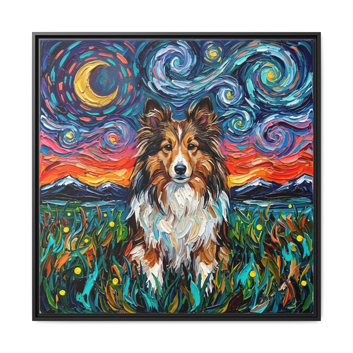 "Sheltie Night 2" Framed Canvas Wall Art