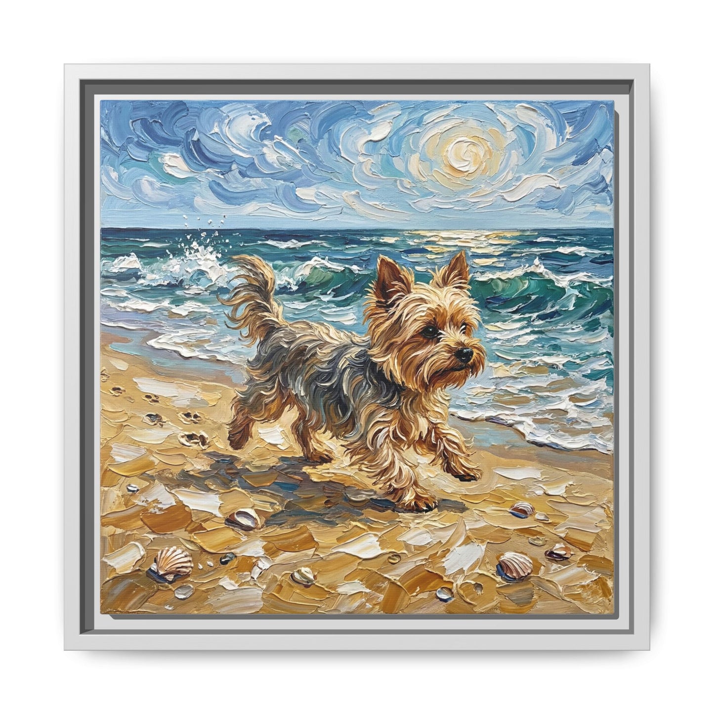 "Beach Day - Yorkie" Framed Canvas Wall Art
