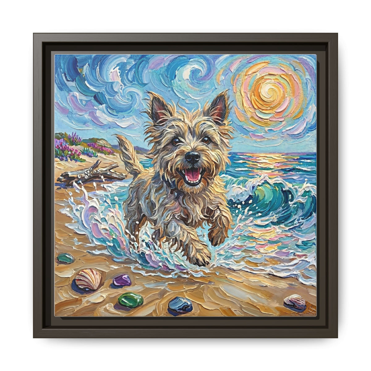 "Beach Days - Cairn Terrier" Framed Canvas Wall Art