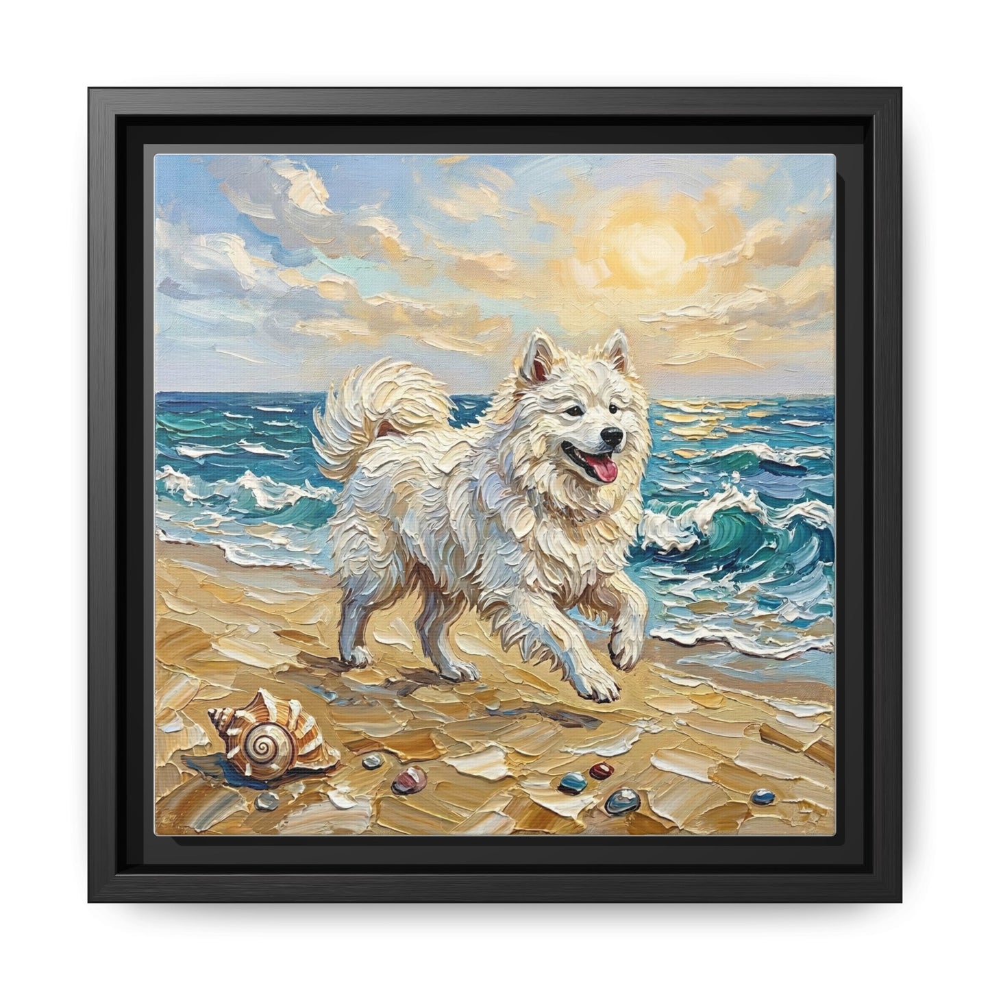 "Beach Day - Samoyed" Framed Canvas Wall Art