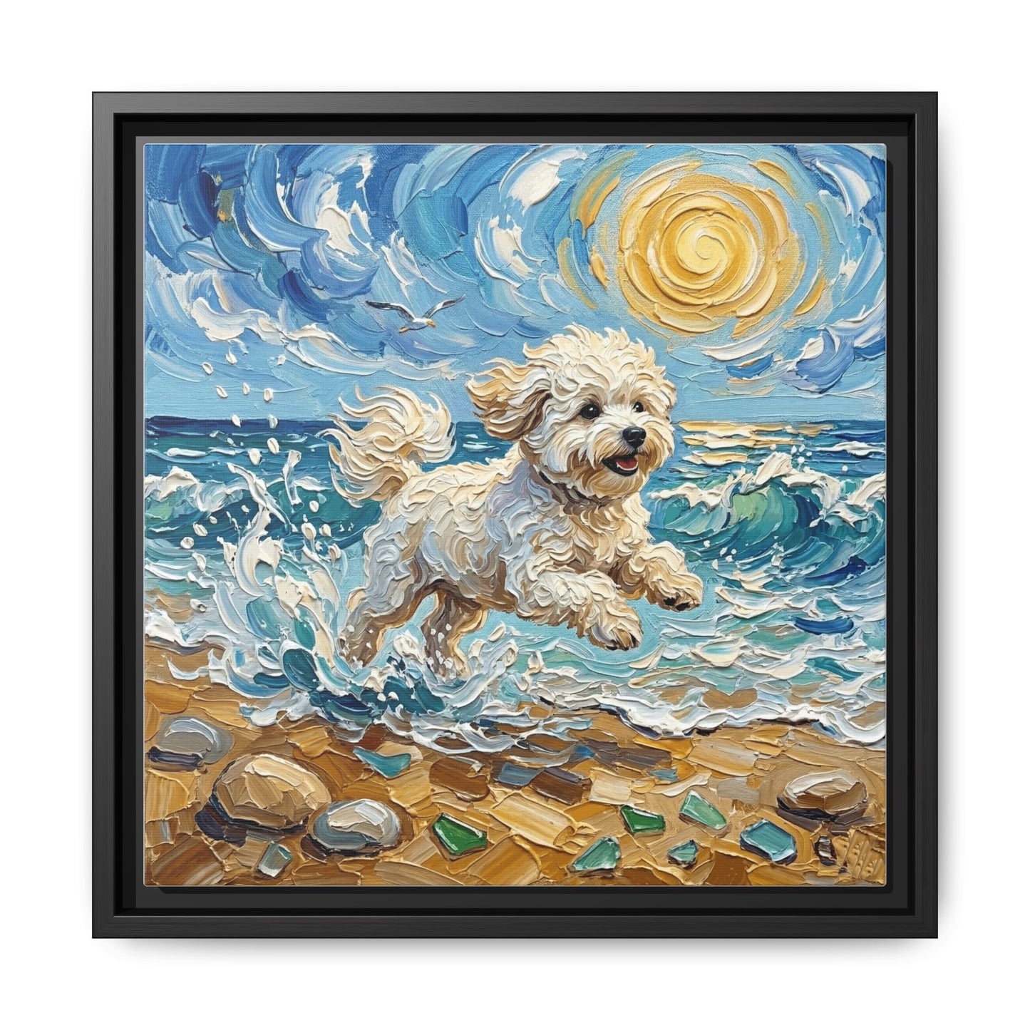 "Beach Day - Bichon Frise" Framed Canvas Wall Art