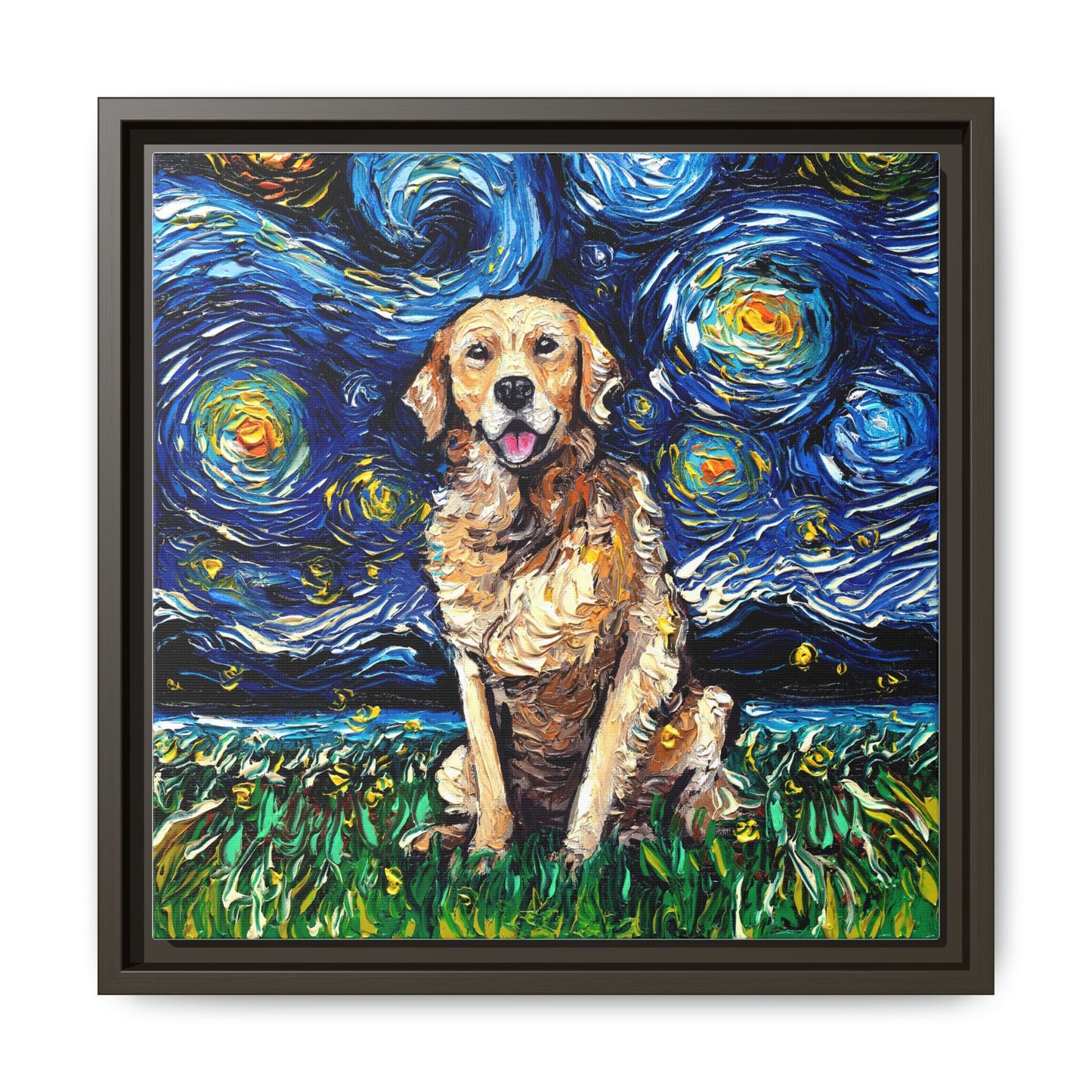 "Golden Retriever Night" Framed Canvas Wall Art