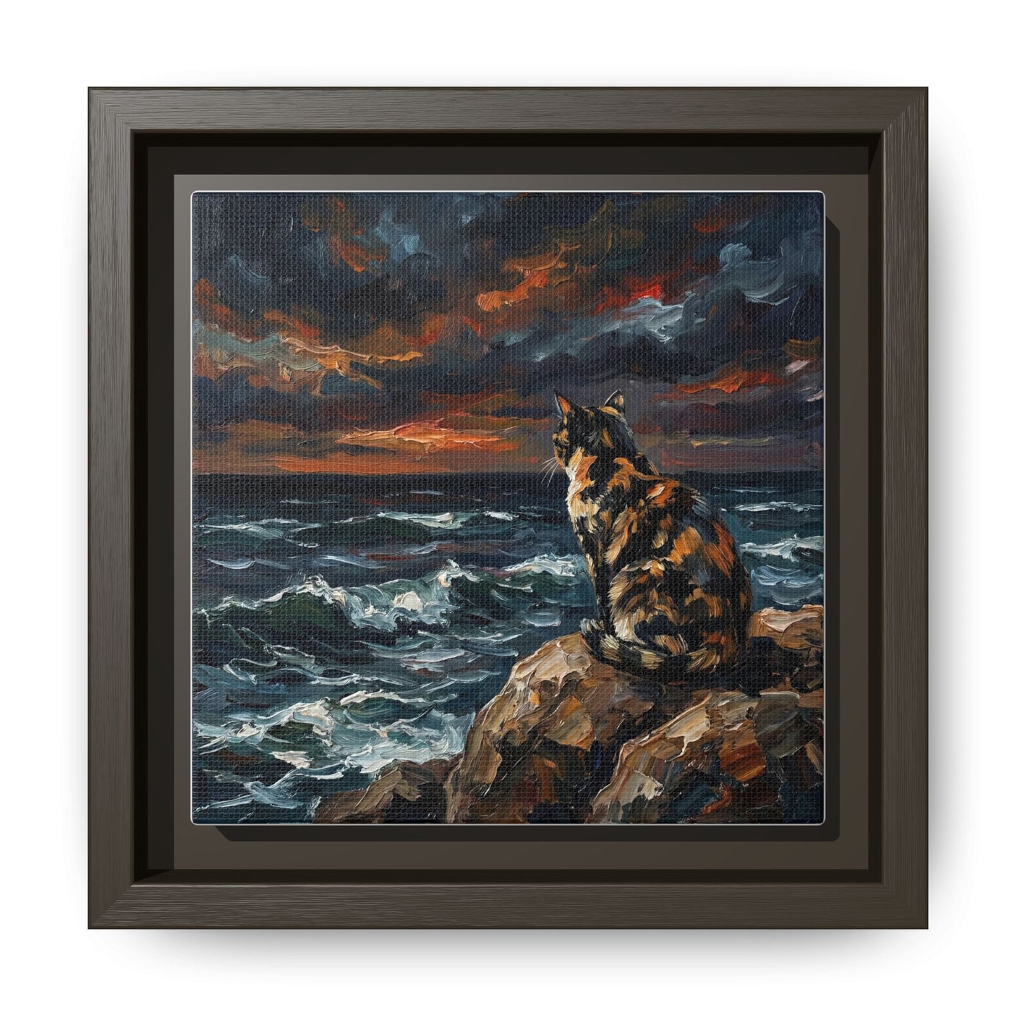 "Beach Night - Tortie Cat" Framed Canvas Wall Art