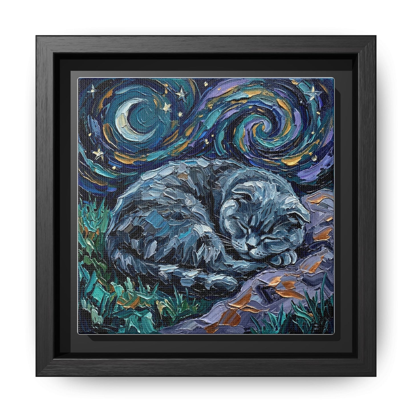 "Sleepy Scottish Fold Night" Framed Canvas Wall Art