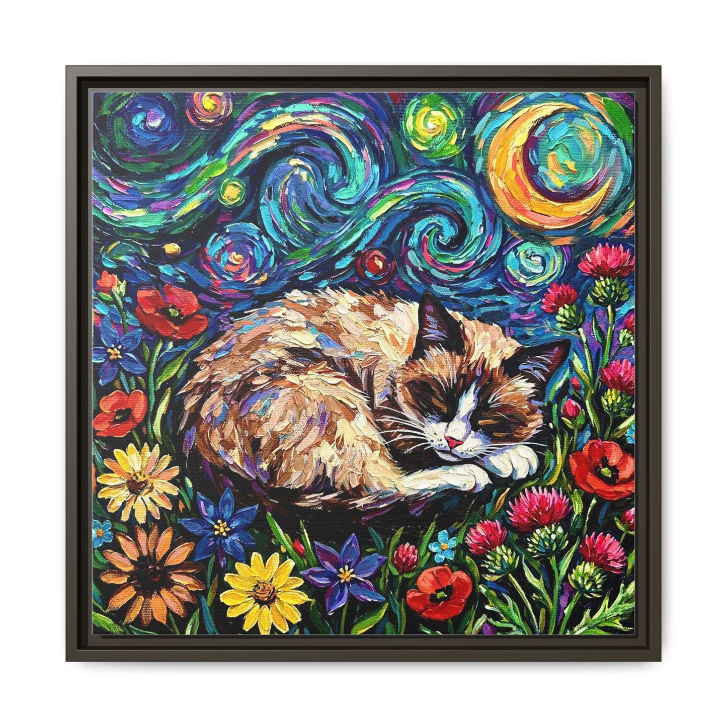 "Sleepy Snowshoe Cat Night" Framed Canvas Wall Art