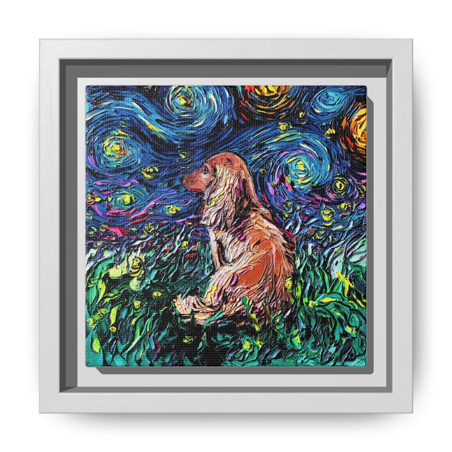 "Long Haired Brown Dachshund Night" Framed Canvas Wall Art