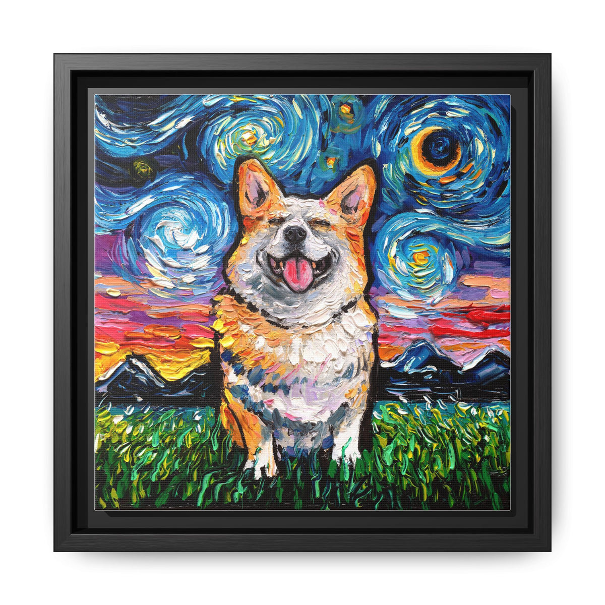 "Smiling Corgi Night" Framed Canvas Wall Art
